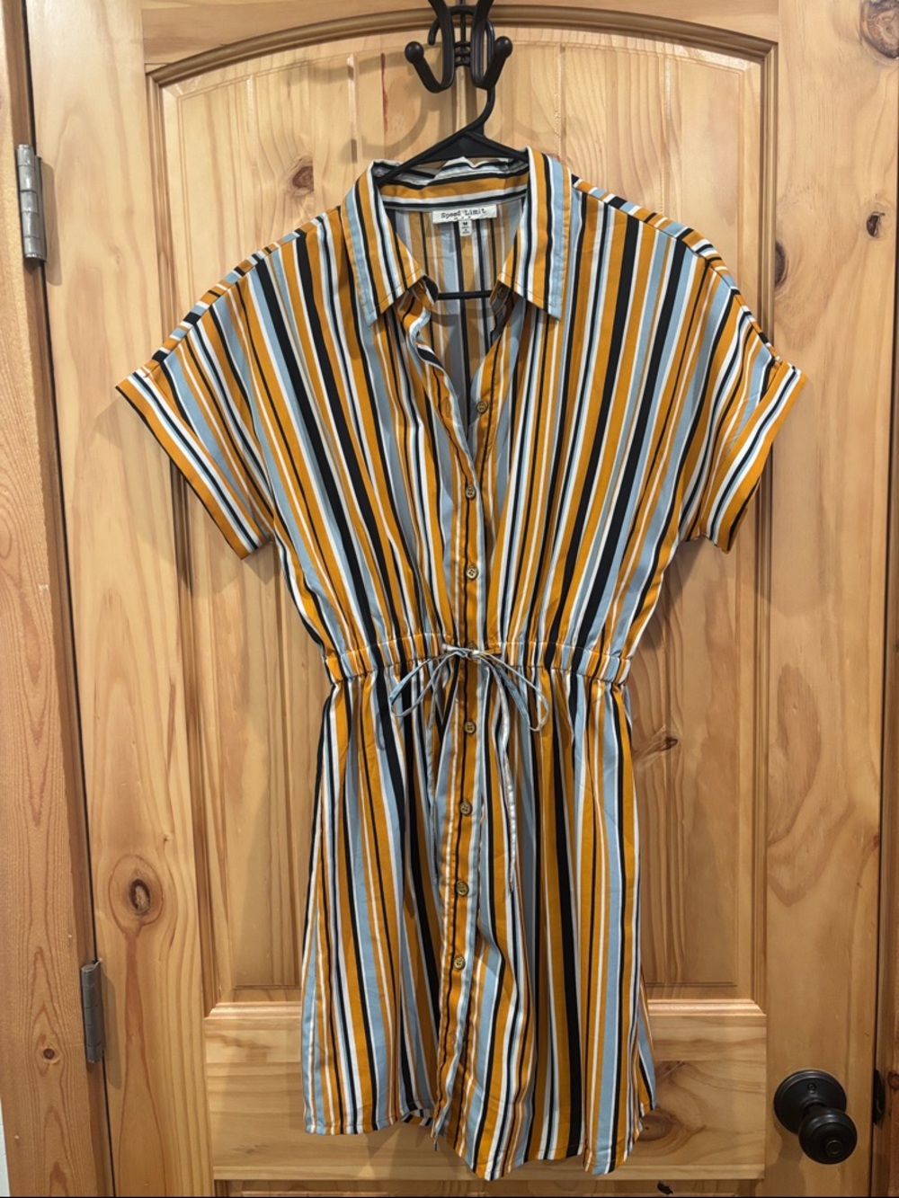 MOD Inspired Striped Button-Front Drawstring Dress in Mustard/Blue
